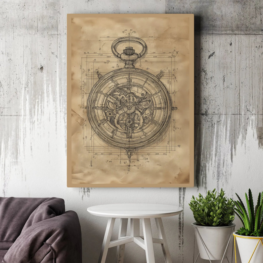 Steampunk Pocket Watch Canvas Art | Mechanical Clockwork Blueprint Print | Premium Gallery Wrap | Collector's Gift for Engineer
