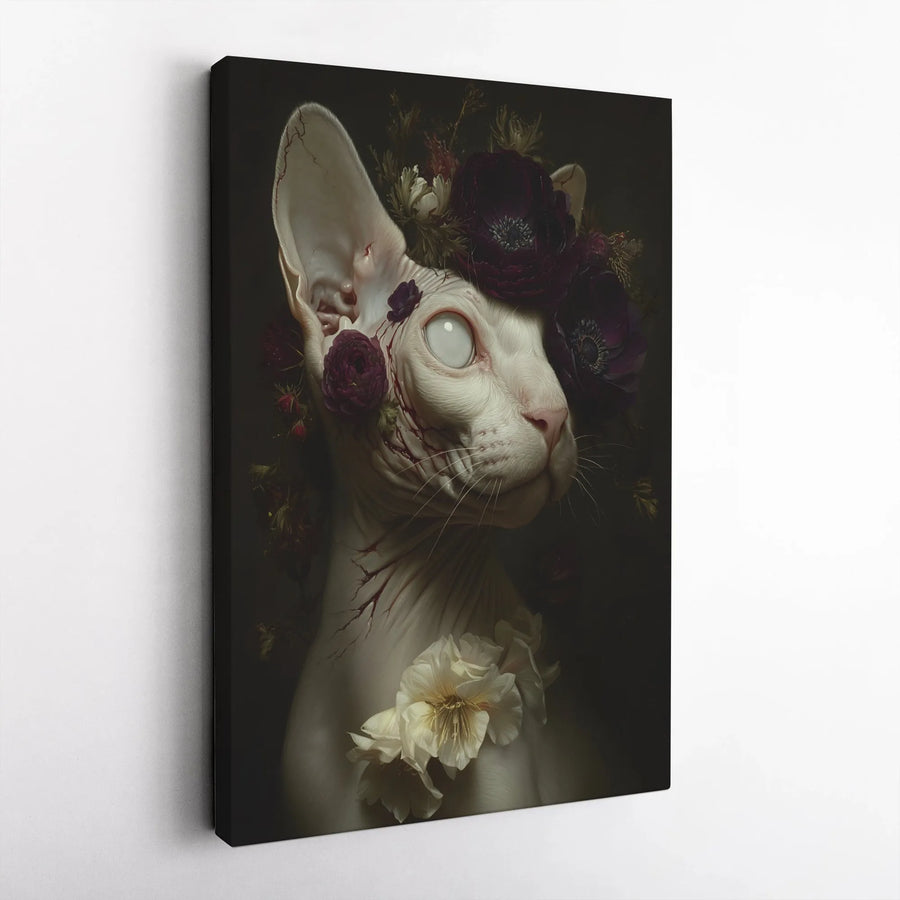 Gothic Sphynx Cat Canvas Art | Dark Floral Crown Portrait | 1.25 Inch Gallery Wrap | Moody Witchy Home Decor Gift