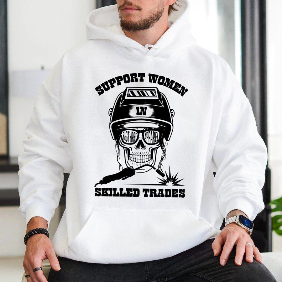 Support Women In Skilled Trades Hoodie | Welder Skull Graphic Print | Premium Cotton-Blend | Empowerment Gift for Female Welder Tradeswoman