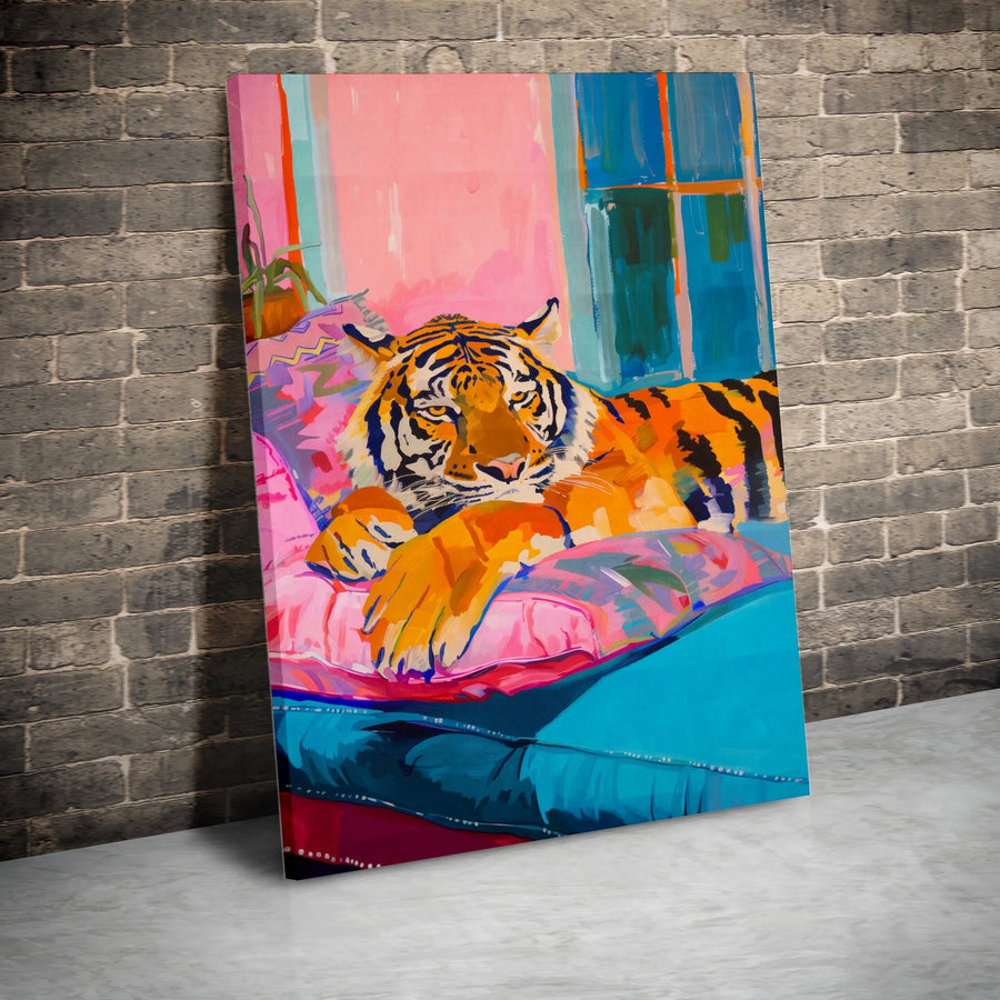 Vibrant Tiger Canvas Print | Colorful Lounging Tiger Pop Art Painting | Premium Thick Gallery Wrap Canvas | Modern Home Decor Gift for Animal Lovers