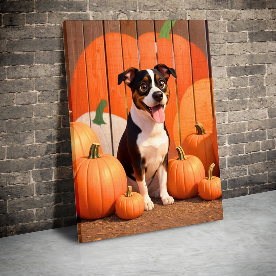 Cute Dog Pumpkin Patch Canvas Wall Art | Autumn Fall Harvest Decor | Premium Gallery Wrap Print | Whimsical Pet Lover Gift