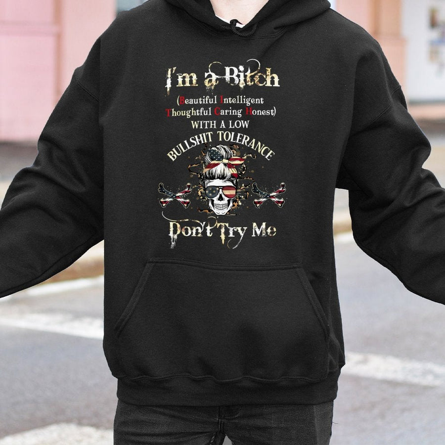 Sassy Attitude Hoodie | Funny Acronym Graphic Patriotic Skull Design | Premium Cotton-Poly Blend | Edgy Gift For Women With Low Bullshit Tolerance