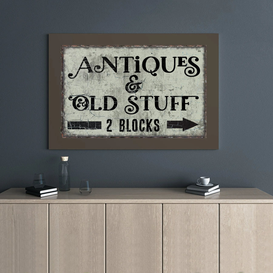 Antiques & Old Stuff Wall Art | Vintage Farmhouse Directional Sign | Gallery Wrapped Premium Canvas | Rustic Home Decor Gift