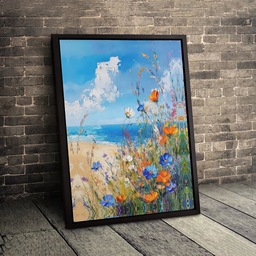 Coastal Wildflowers Canvas Wall Art | Textured Impasto Beach Landscape | Premium Fade-Resistant Print | Elegant Home Decor Gift