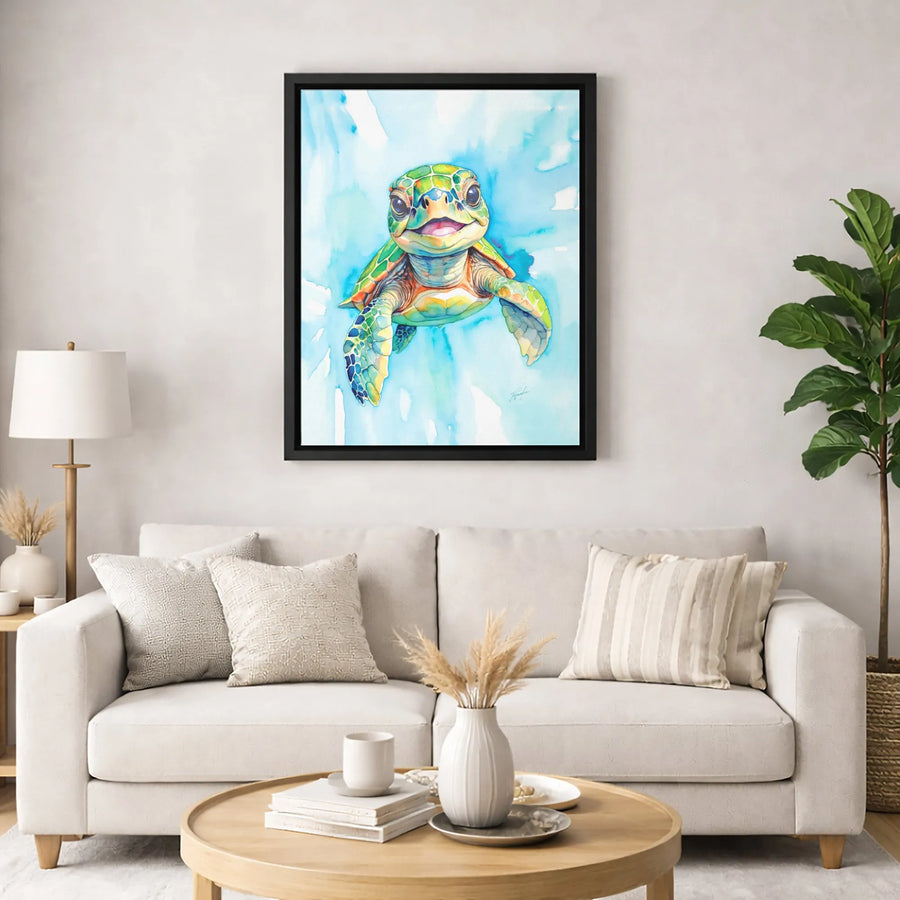 Baby Sea Turtle Wall Art | Vibrant Watercolor Coastal Decor | Premium Gallery Wrap Canvas | Nursery Or Bathroom Gift For Ocean Lovers