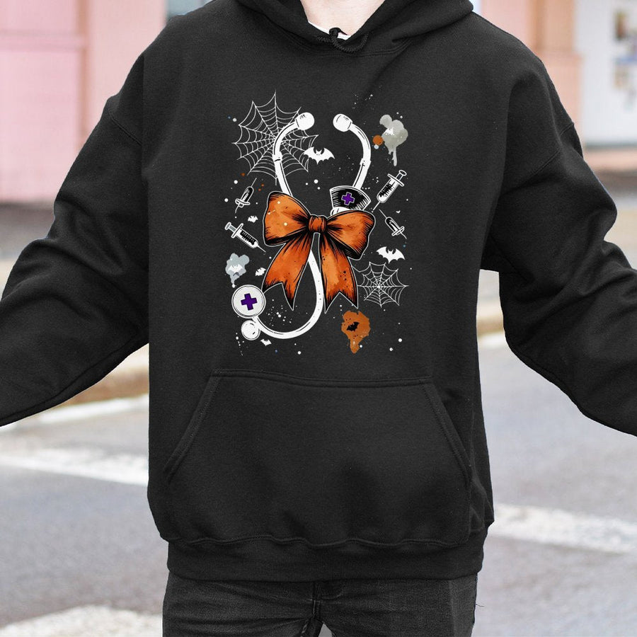 Halloween Nurse Hoodie | Stethoscope Bow Graphic Design | Soft Cotton Blend | Spooky Nursing Student Gift for Fall Season
