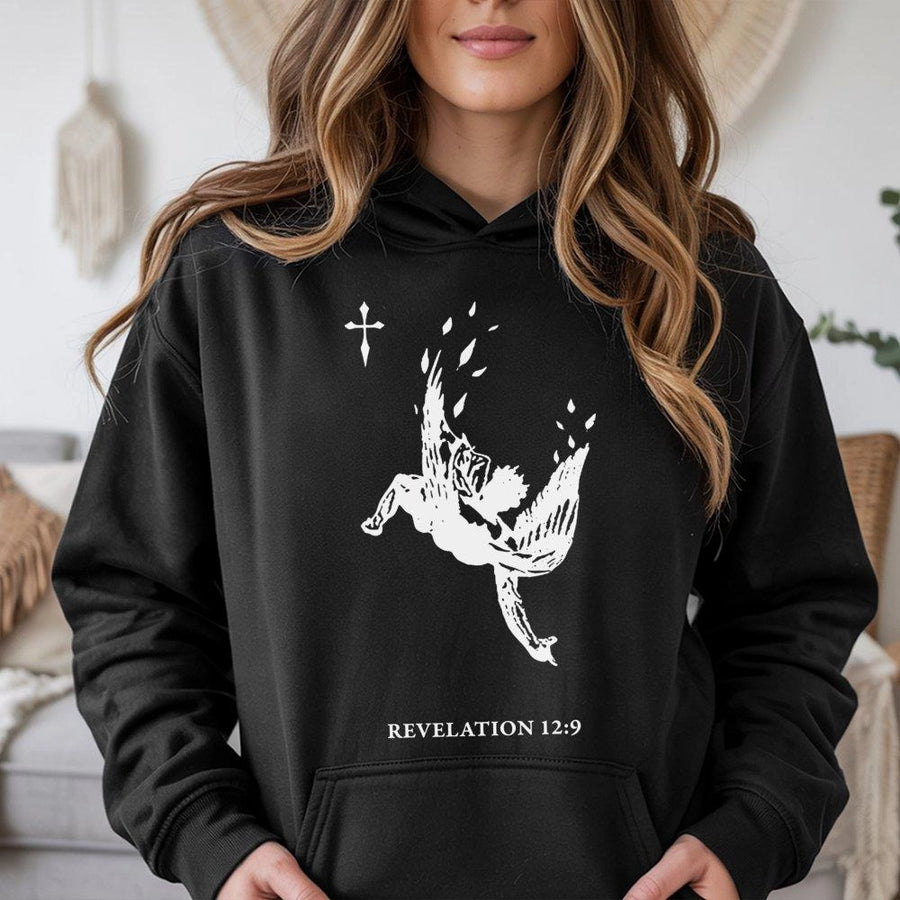 Revelation 12:9 Fallen Angel Hoodie | Gothic Bible Verse Graphic | Premium Cotton Blend | Christian Streetwear Gift for Men and Women