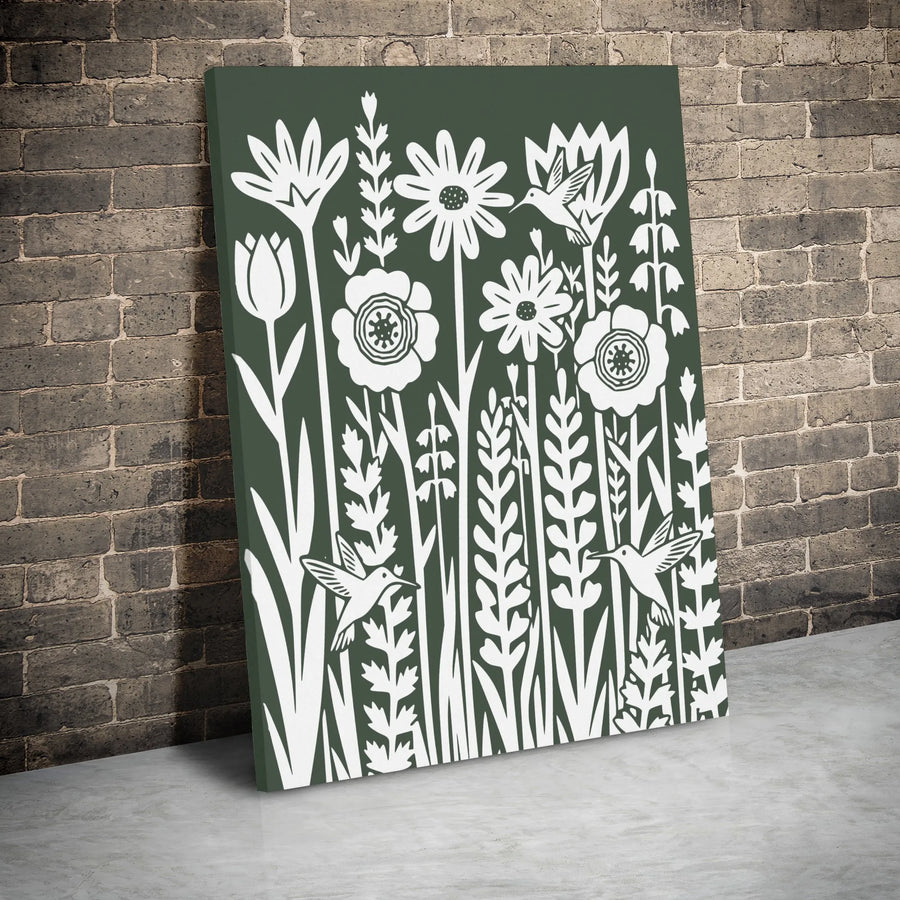Hummingbird Wildflower Canvas Wall Art | Botanical Block Print Style | Premium Gallery Wrap Canvas | Minimalist Nature Decor Gift for Her