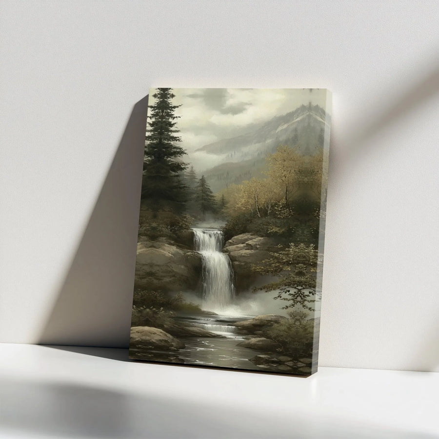 Misty Mountain Waterfall Canvas Art | Vintage Forest Landscape Painting | Premium Gallery Wrapped Print | Nature Lover Gift for Home Office Decor