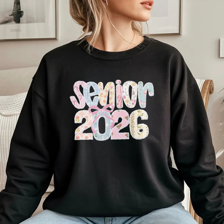 Senior 2026 Sweatshirt | Floral Patchwork Style Bow Graphic | Premium Comfort Colors Tee | Cute Graduation Gift for High School Senior
