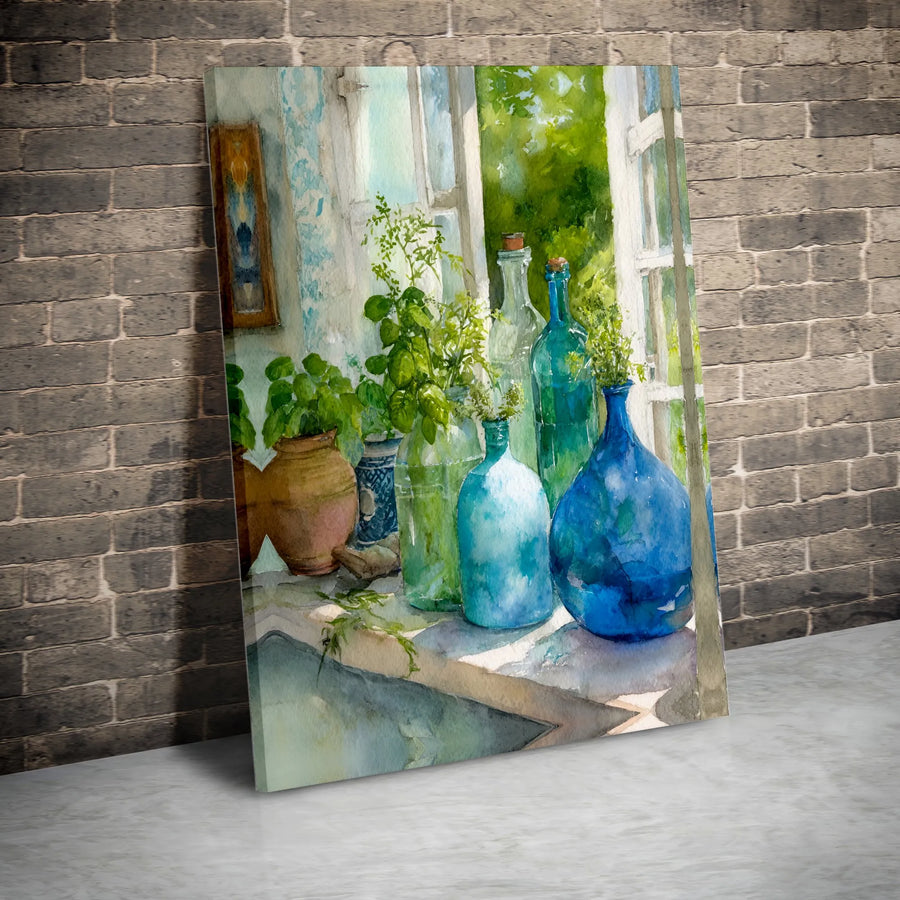 Watercolor Bottles Canvas Print | Sunlit Windowsill Still Life Art | Premium Gallery Wrapped Canvas | Farmhouse Kitchen & Dining Room Decor Gift