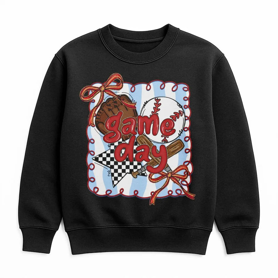 Game Day Baseball Sweatshirt | Preppy Coquette Bow Design | Soft Cotton Blend Crewneck | Cute Sports Fan Gift For Her