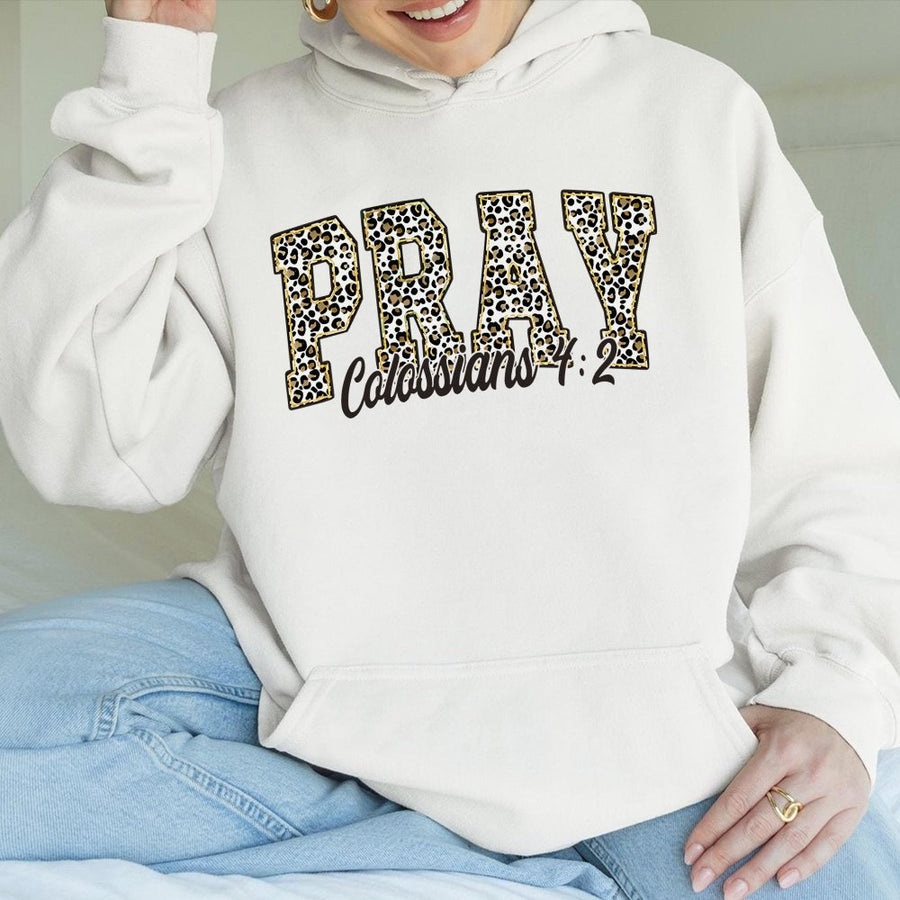 Pray Colossians 4:2 Hoodie | Leopard Print Varsity Letter Graphic | Premium Cotton-Poly Blend | Christian Faith Gift for Her