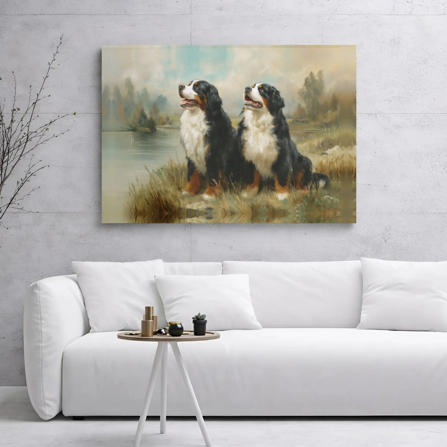Bernese Mountain Dog Wall Art | Vintage Oil Painting Landscape | Premium Gallery Wrapped Canvas | Dog Lover Gift For Home Decor