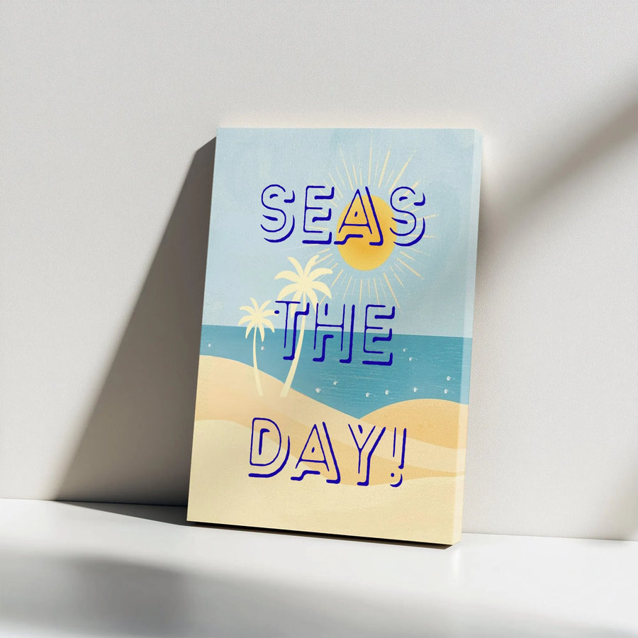 Seas The Day Canvas Wall Art | Retro Typography Positive Quote | Premium Gallery Wrapped Canvas | Coastal Home Decor Gift for Beach Lover