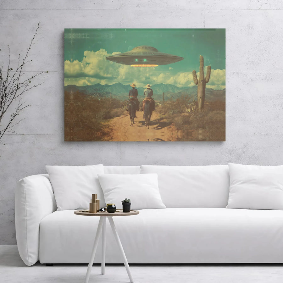 Cowboy Alien UFO Canvas Print | Surreal Desert Landscape Wall Art | Premium Gallery Wrap Decor | Unique Sci-Fi Gift for Men and Women