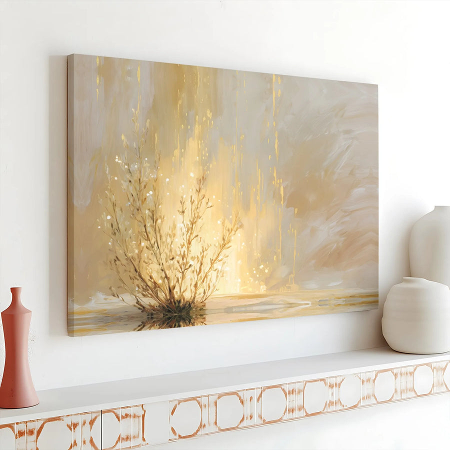 Abstract Gold Botanical Canvas | Radiant Bush Reflection Wall Art | 1.25 Inch Premium Gallery Wrap | Modern Home Decor Gift for Living Room