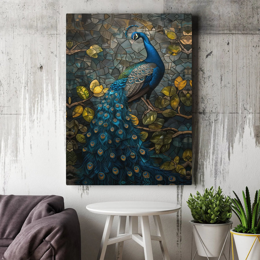 Stained Glass Peacock Canvas Wall Art | Elegant Bird Mosaic Print | Premium Fade-Resistant Decor | Sophisticated Living Room Home Gift