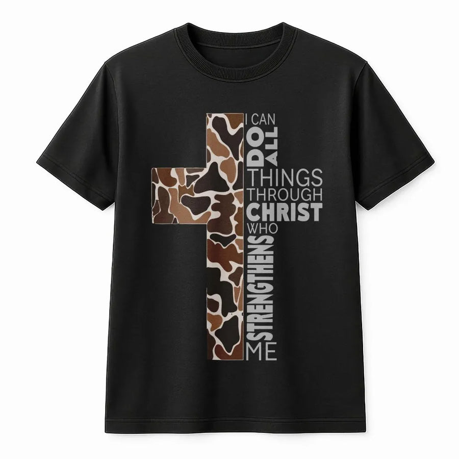 I Can Do All Things Through Christ T-Shirt | Cow Print Cross Design | Premium Cotton Religious Apparel | Faith Based Gift for Christians