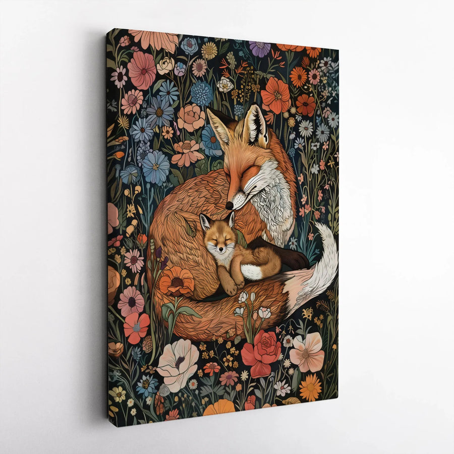 Sleeping Fox and Cub Canvas | Vintage Floral Woodland Illustration | Premium 1.25" Thick Gallery Wrap | Nursery Decor Gift for New Mom