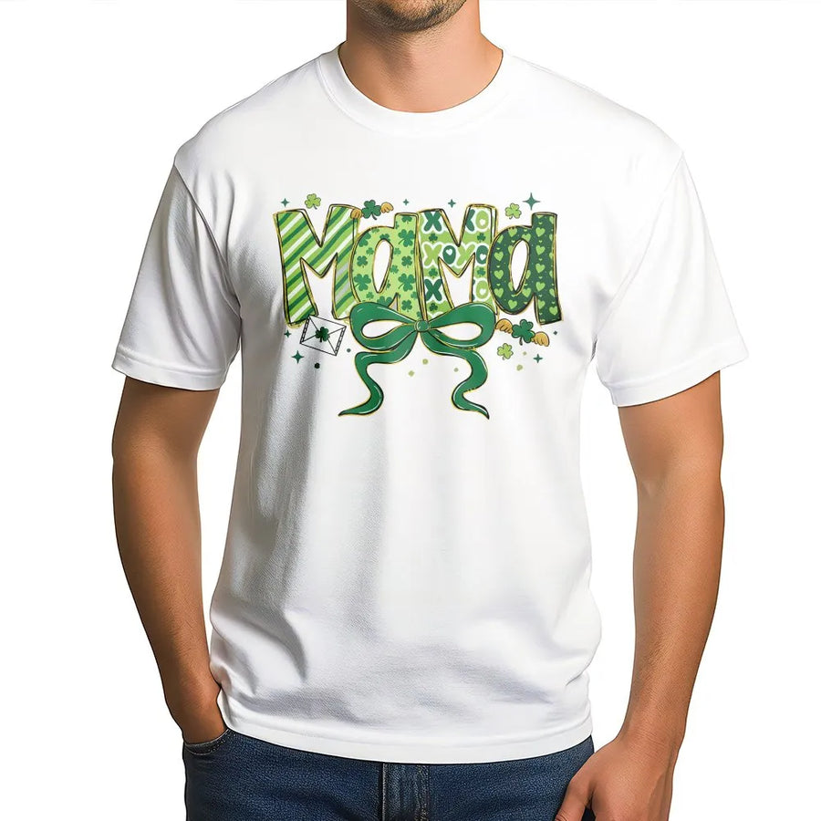 St. Patrick's Day Mama T-Shirt | Lucky Green Shamrock Bow Design | Soft 100% Cotton Premium Tee | Cute Irish Holiday Gift for Mom