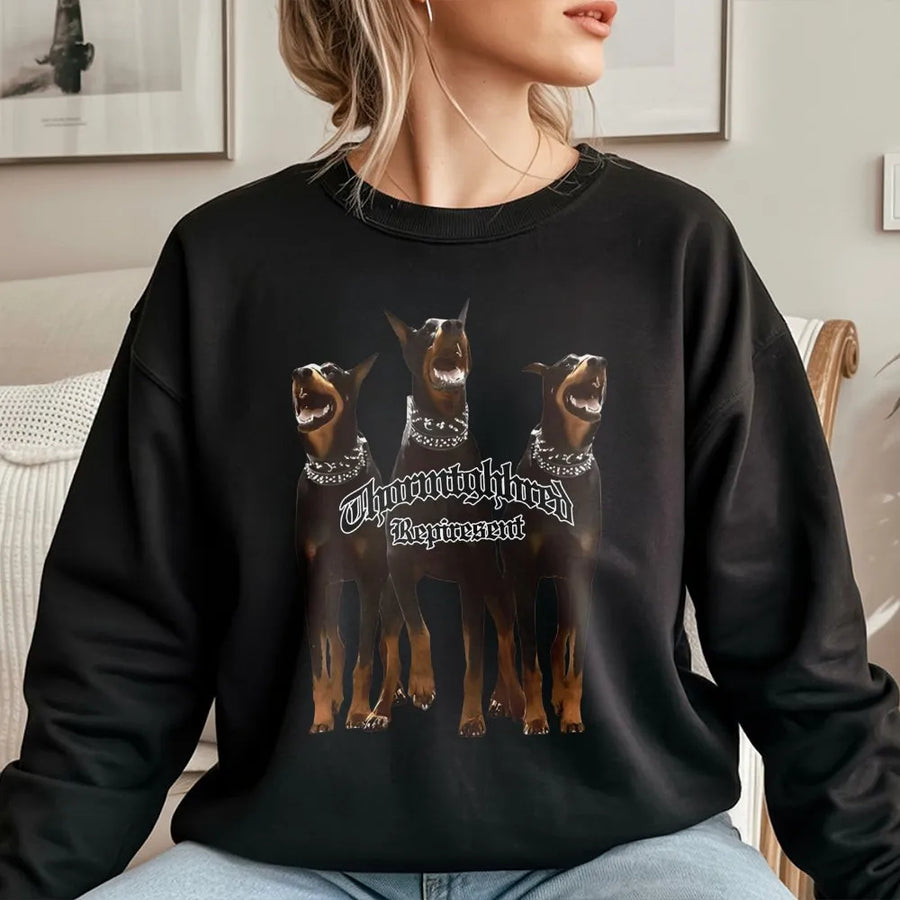 Doberman Graphic Sweatshirt | Triple Dog Print Streetwear | Premium Cotton Blend Crewneck | Edgy Dog Lover Gift For Men And Women