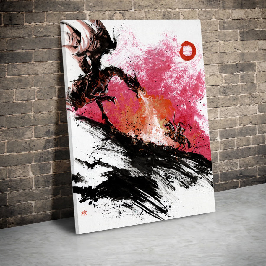 Dragon Fighting Knight Canvas Art | Sumi-E Ink Wash Painting | Premium Gallery Wrapped Wall Decor | Fantasy Collector's Gift for Office or Home