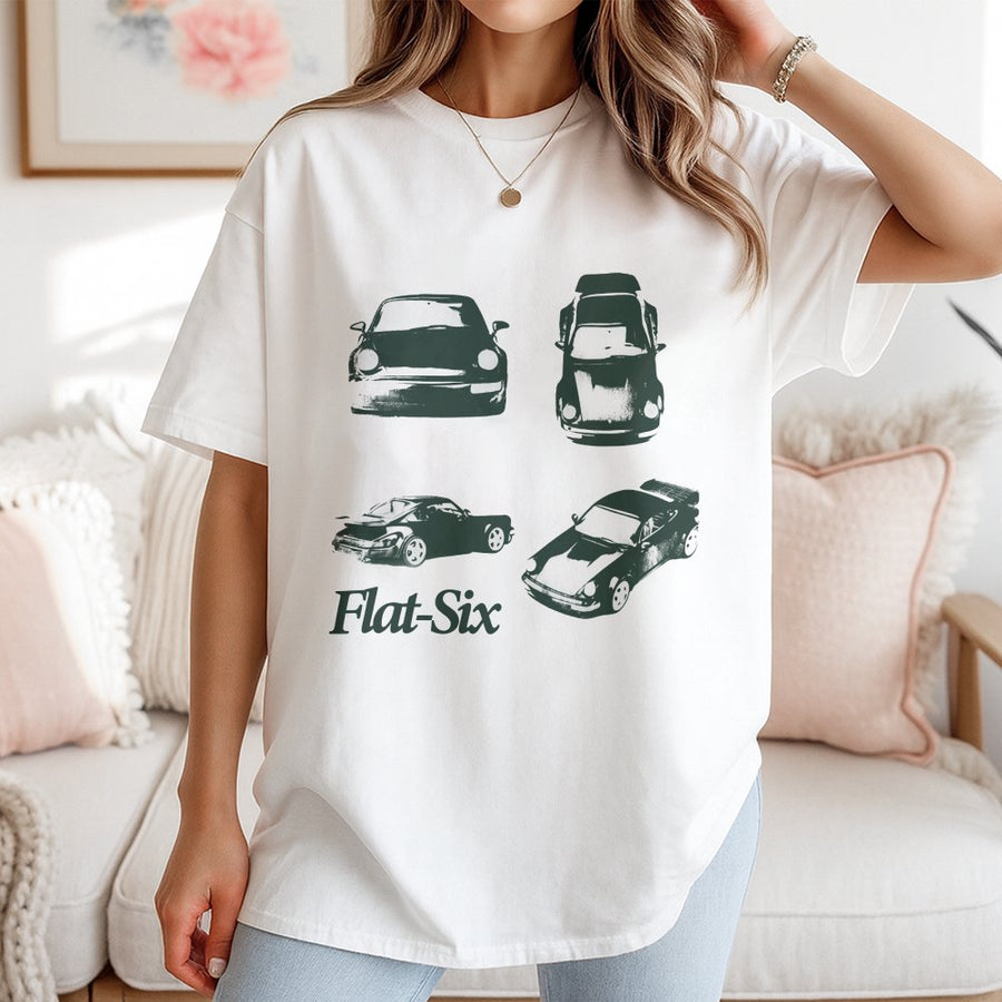 Flat Six Graphic T-Shirt | Vintage Sports Car Silhouette Design | 100% Cotton Premium Tee | Automotive Enthusiast Gift for Men and Women