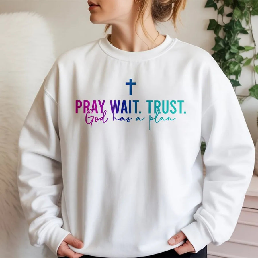 Pray Wait Trust Sweatshirt | Christian Faith Quote Graphic | Soft Cotton Blend Crewneck | Religious Gift for Men and Women