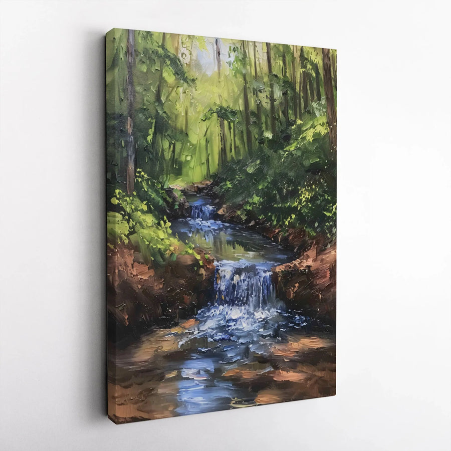 Forest Waterfall Canvas Wall Art | Impasto Oil Painting Style Print | Premium Gallery-Wrapped Decor | Nature Landscape Gift for Home