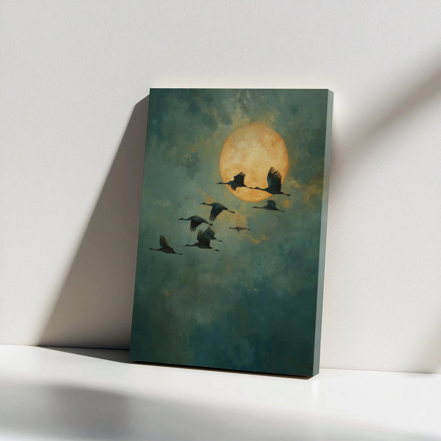Cranes Flying Full Moon Canvas Wall Art | Moody Dark Aesthetic Print | Premium Gallery Wrap Decor | Nature Lover Living Room Gift