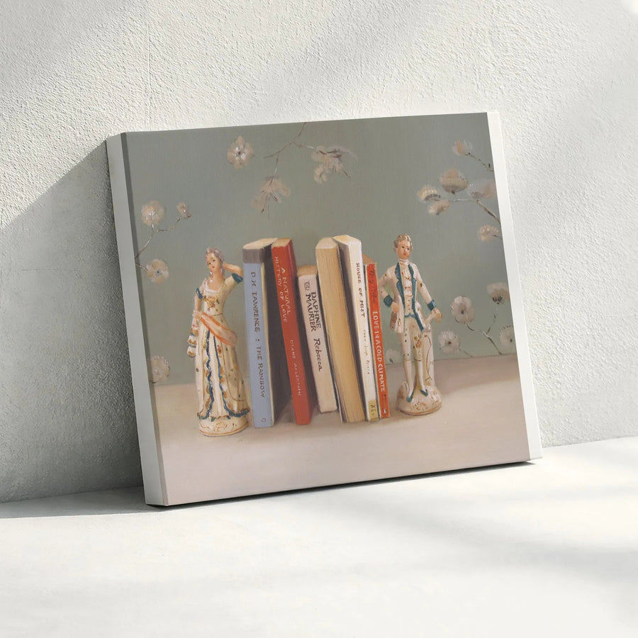 Vintage Bookshelf Canvas Art | Romantic Still Life with Figurines & Novels | Premium Gallery Wrapped Print | Gift for Book Lovers