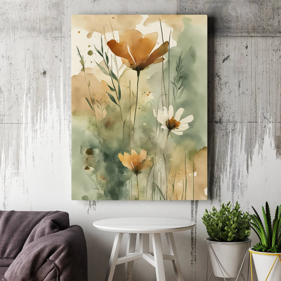 Watercolor Wildflower Canvas Print | Earthy Neutral Botanical Wall Art | 1.25-Inch Gallery Wrap | Modern Home Decor Gift