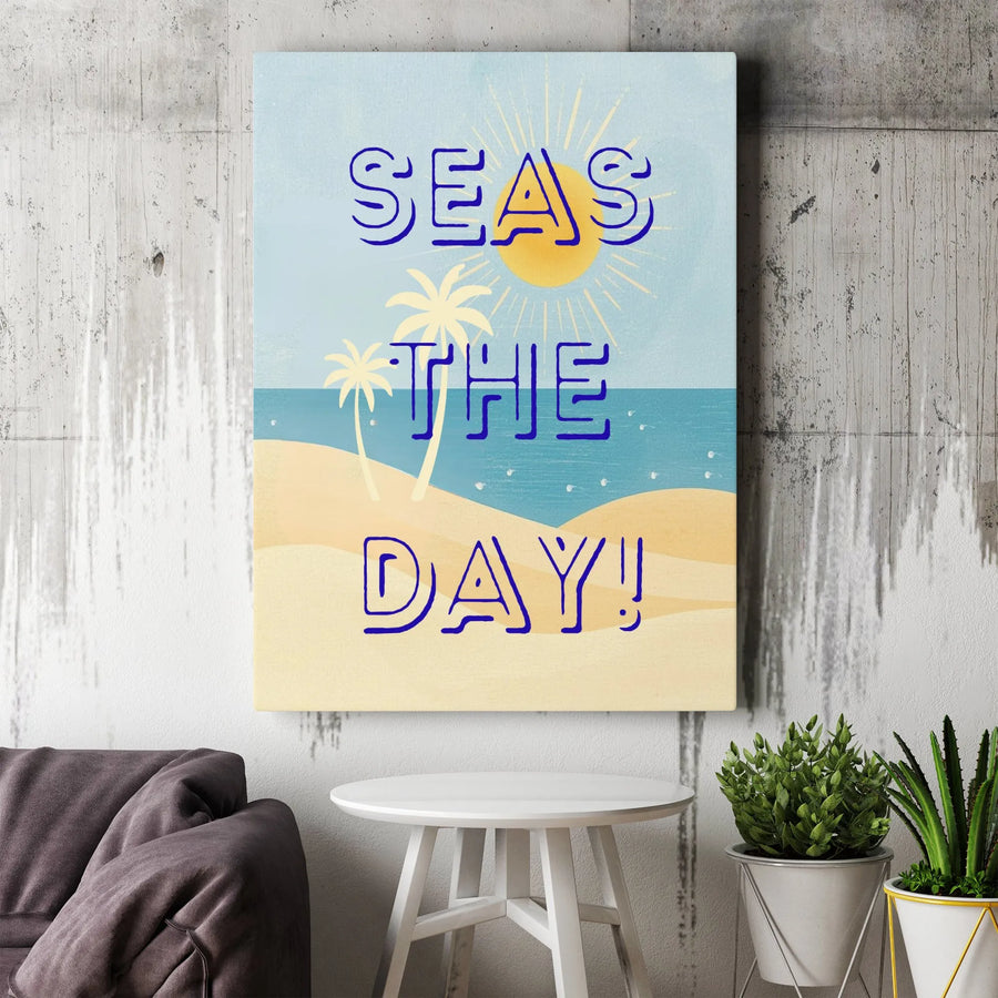 Seas The Day Canvas Wall Art | Retro Typography Positive Quote | Premium Gallery Wrapped Canvas | Coastal Home Decor Gift for Beach Lover