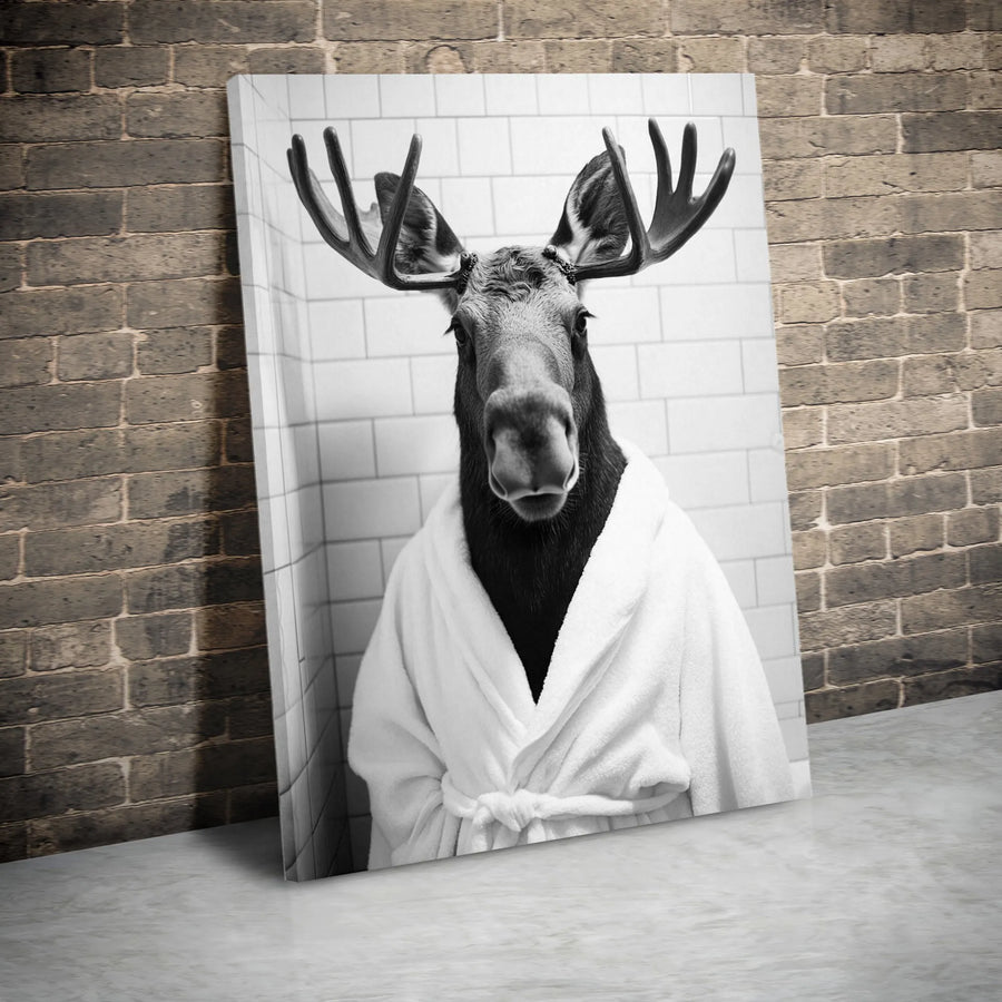 Moose In Bathrobe Canvas Wall Art | Funny Bathroom Decor | Premium Fade-Resistant Print | Quirky Animal Portrait For Home Office