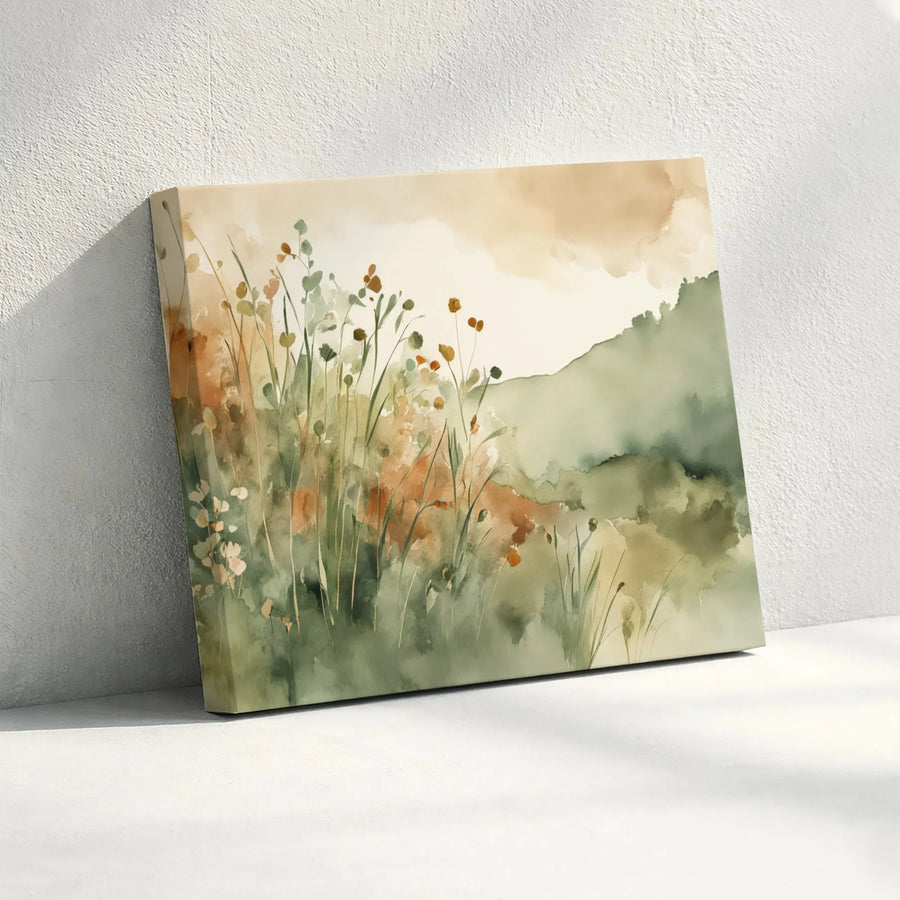 Watercolor Wildflower Landscape Canvas | Muted Earth Tone Meadow Art | Premium 1.25 Inch Gallery Wrap | Modern Farmhouse Home Decor Gift