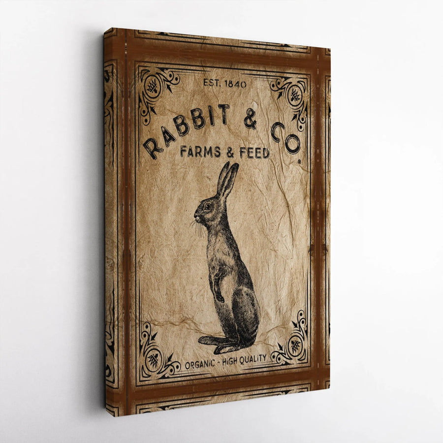 Vintage Rabbit Canvas Art | Rustic Farms & Feed Sign Print | Premium Gallery Wrapped Canvas | Farmhouse Kitchen Decor Gift