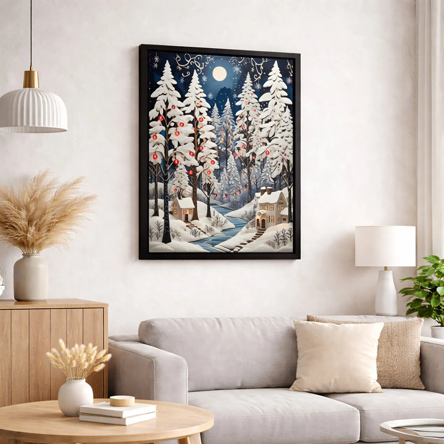 Winter Christmas Village Canvas Wall Art | 3D Papercut Forest Scene | Premium Gallery Wrap Print | Festive Holiday Home Decor Gift