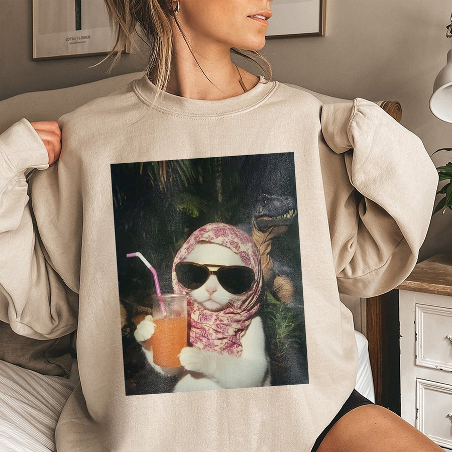 Chill Girl Cat With Dinosaur Sweatshirt | Funny Internet Meme Graphic | Premium Cotton Blend | Unisex Oversized Streetwear Gift for Cat Lovers