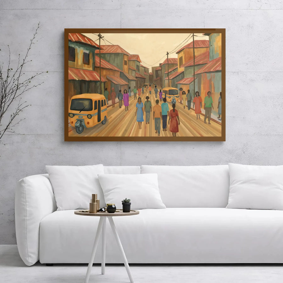 African Street Scene Canvas Art | Bustling Town Square Painting | Premium Gallery Wrapped Wall Decor | Cultural Home Decor Gift