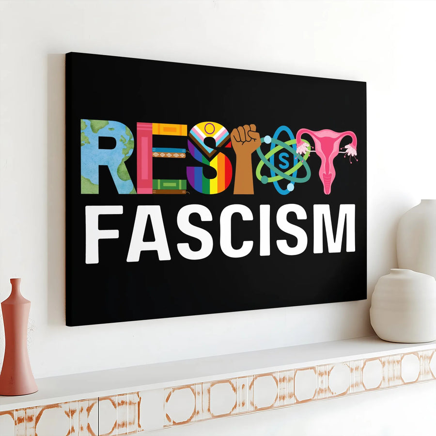 Resist Fascism Canvas Wall Art | Progressive Social Justice Symbols Print | Premium Gallery Wrapped Canvas | Political Activist Home Decor Gift