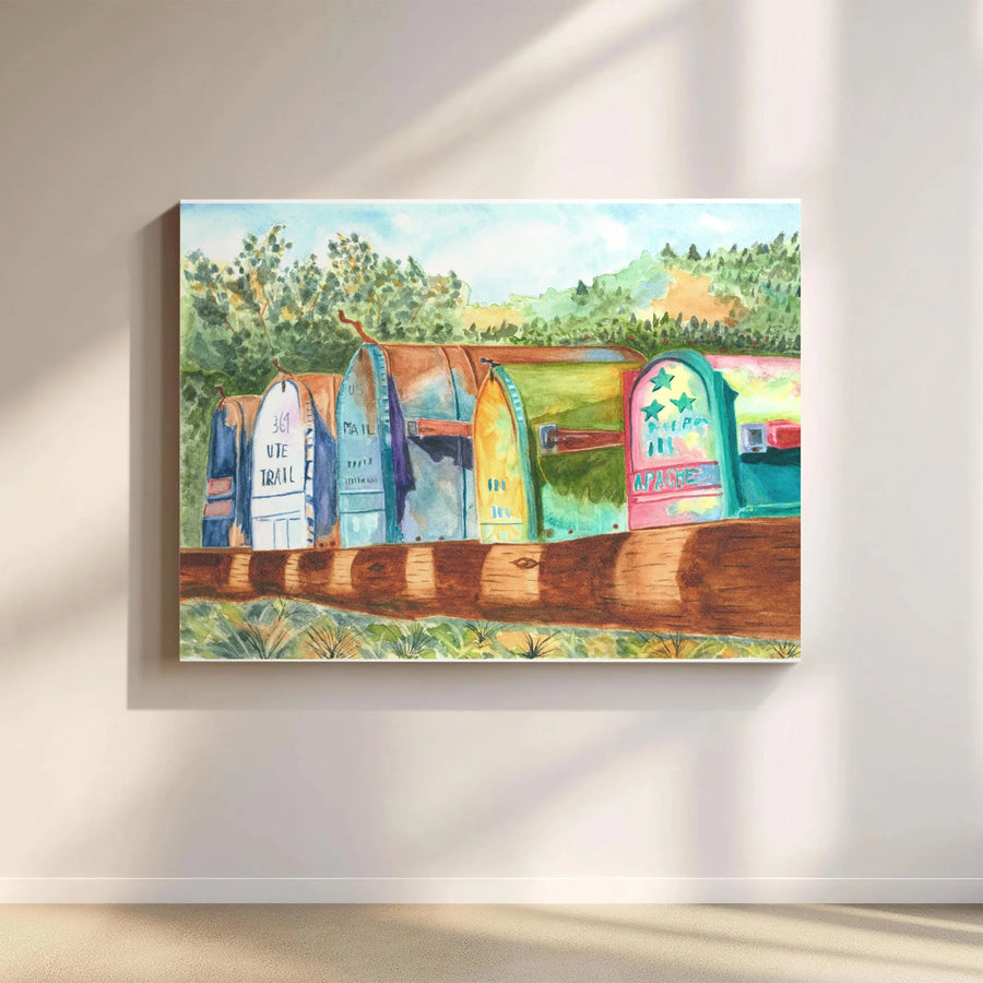 Rustic Mailbox Canvas Wall Art | Colorful Watercolor Countryside Landscape | Premium 1.25-Inch Gallery Wrap | Southwestern Decor Gift