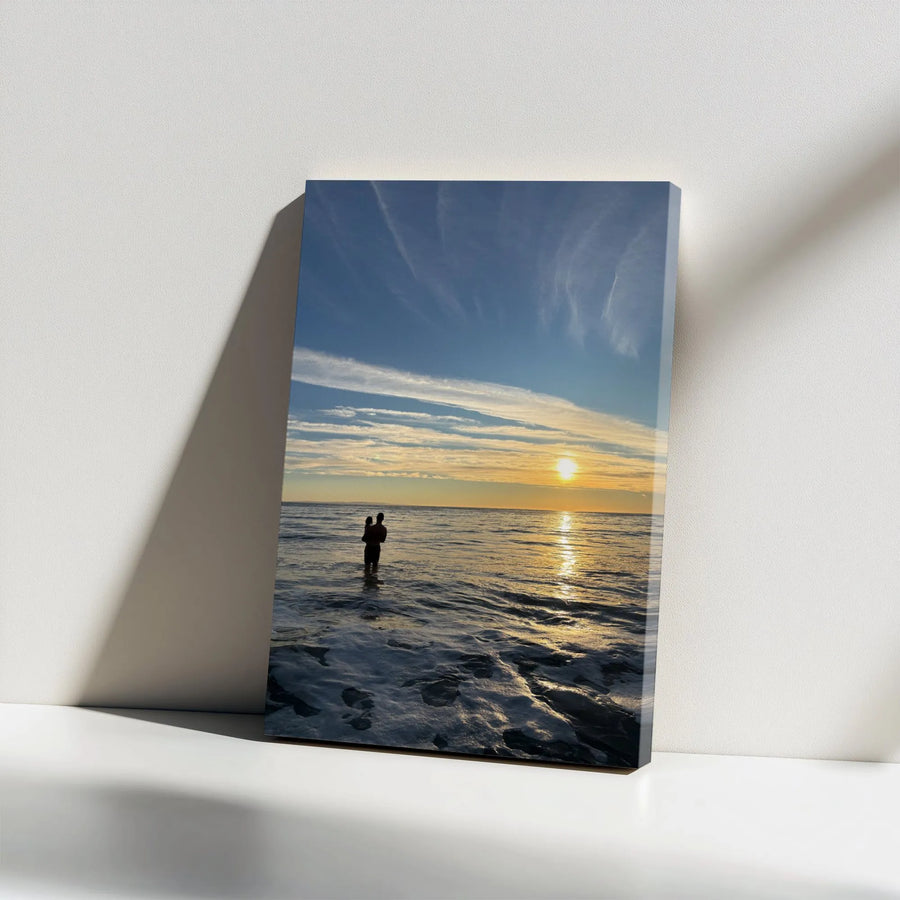 Father and Child Sunset Canvas Wall Art | Ocean Horizon Silhouette Photography | Premium Gallery Wrap | Gift for Dad | Father's Day Home Decor