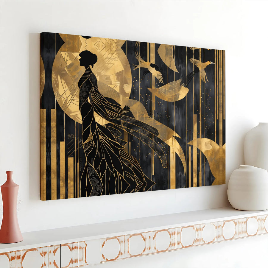 Art Deco Woman Canvas Wall Art | Gold and Black Moon Silhouette | Premium 1.25 Inch Gallery Wrap | Elegant Home Decor for Living Room