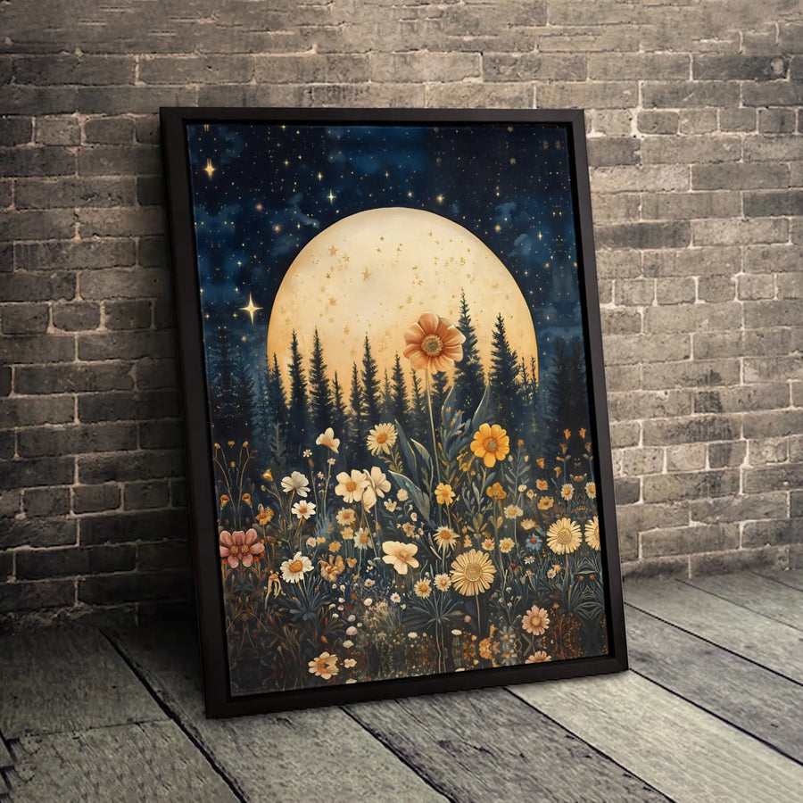 Wildflower Meadow Wall Art | Full Moon and Starry Night Print | Gallery Quality 1.25" Canvas | Botanical Night Sky Decor for Home