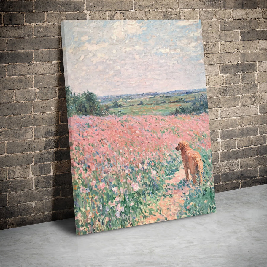 Golden Retriever Canvas Wall Art | Impressionist Pink Flower Field Painting | Premium Gallery Wrapped | Dog Lover Home Decor Gift