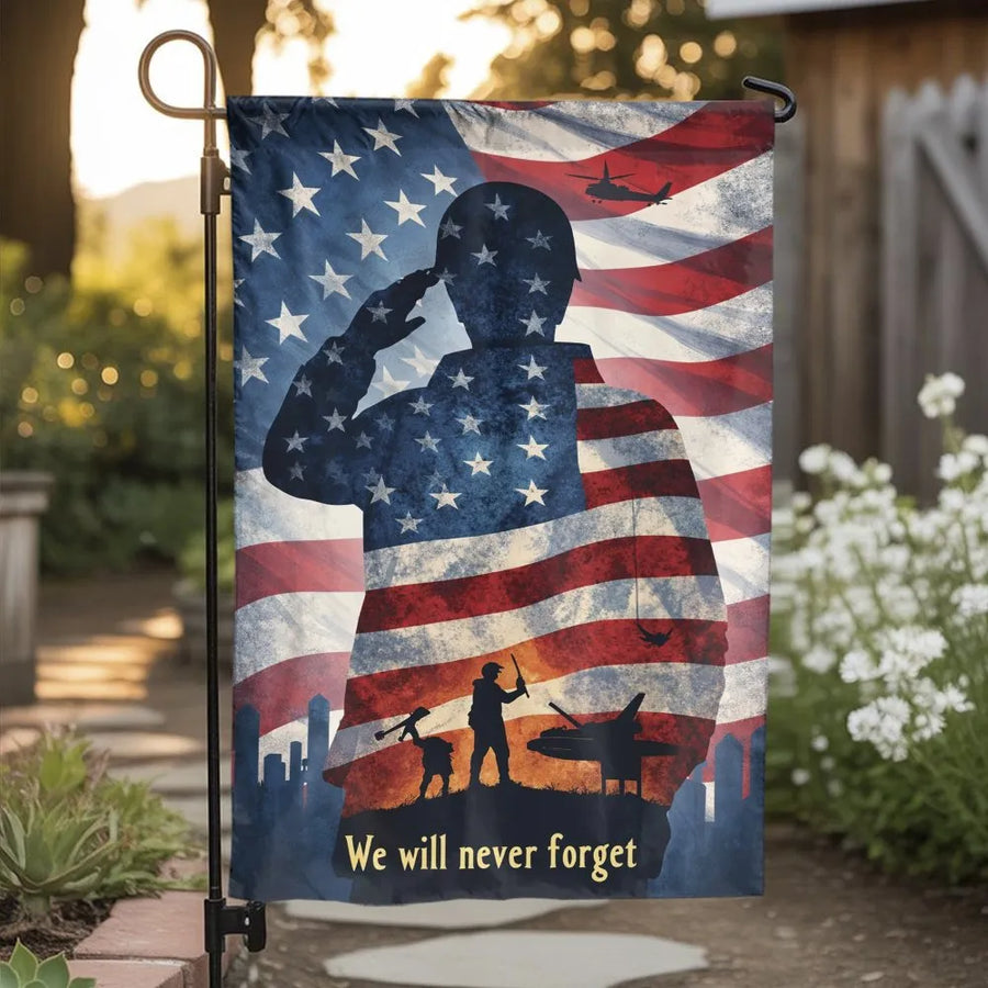 Patriotic Soldier Garden Flag | American Flag We Will Never Forget Design | Double Sided Polyester | Memorial Day Gift for Veteran Family