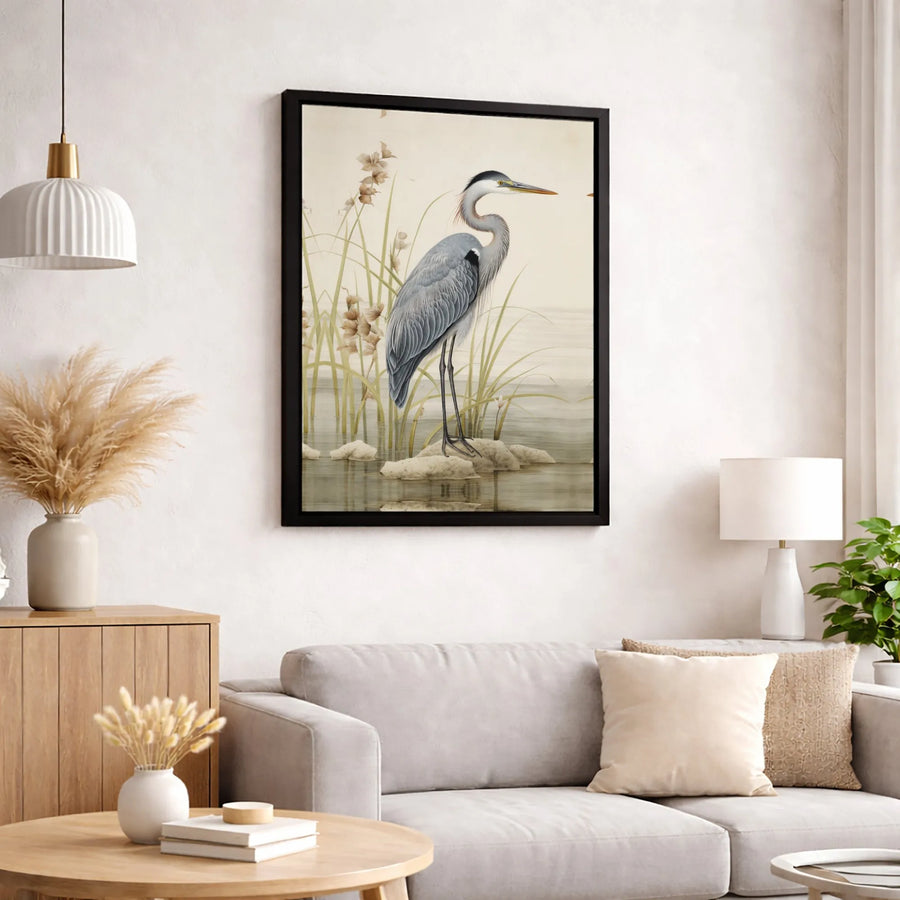 Great Blue Heron Canvas Art | Vintage Marsh Bird Illustration | Premium Gallery Wrapped Print | Nature Lover Home Decor Gift