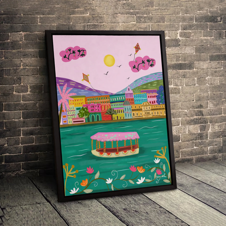 Colorful Indian Cityscape Canvas Print | River Boat And Kites Whimsical Art | Premium Fade-Resistant 1.25 Inch Profile | Vibrant Home Decor Wall Art