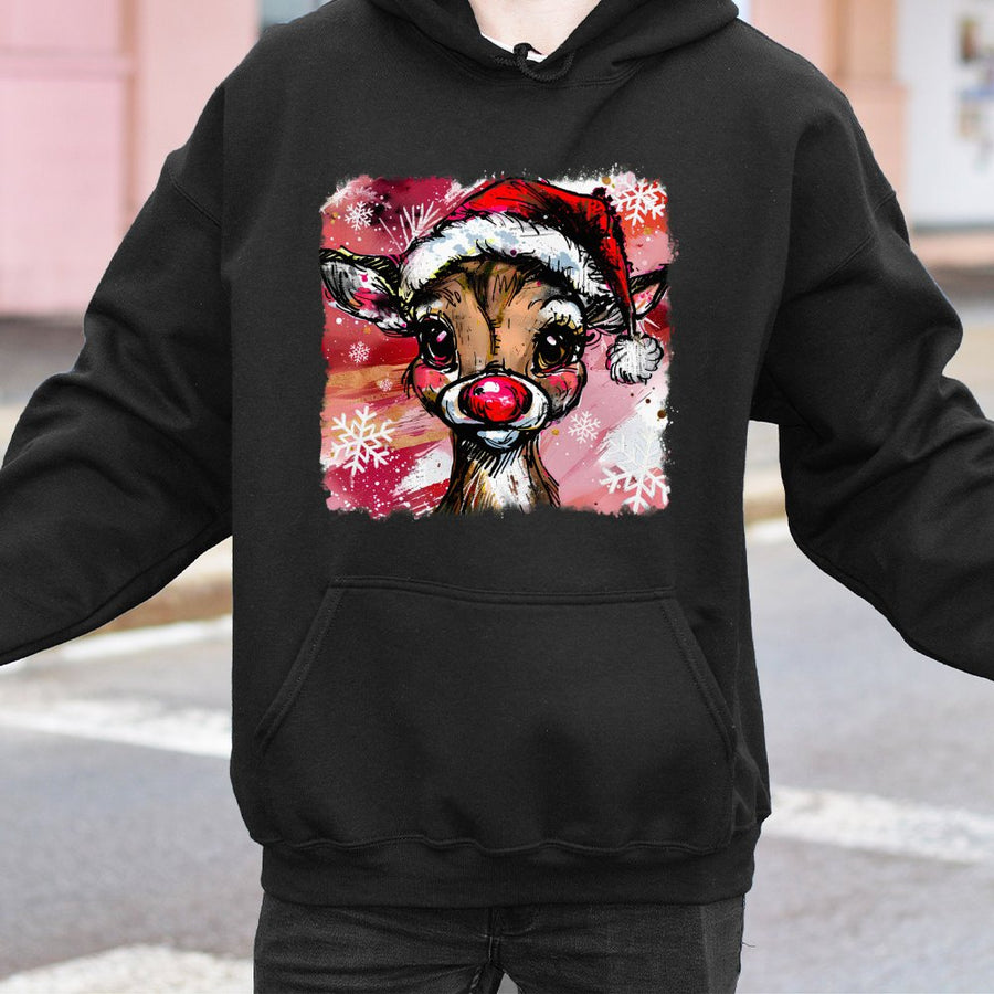 Cute Reindeer Christmas Hoodie | Watercolor Festive Holiday Graphic | Premium Cotton Blend | Unisex Cozy Winter Gift for Women and Men